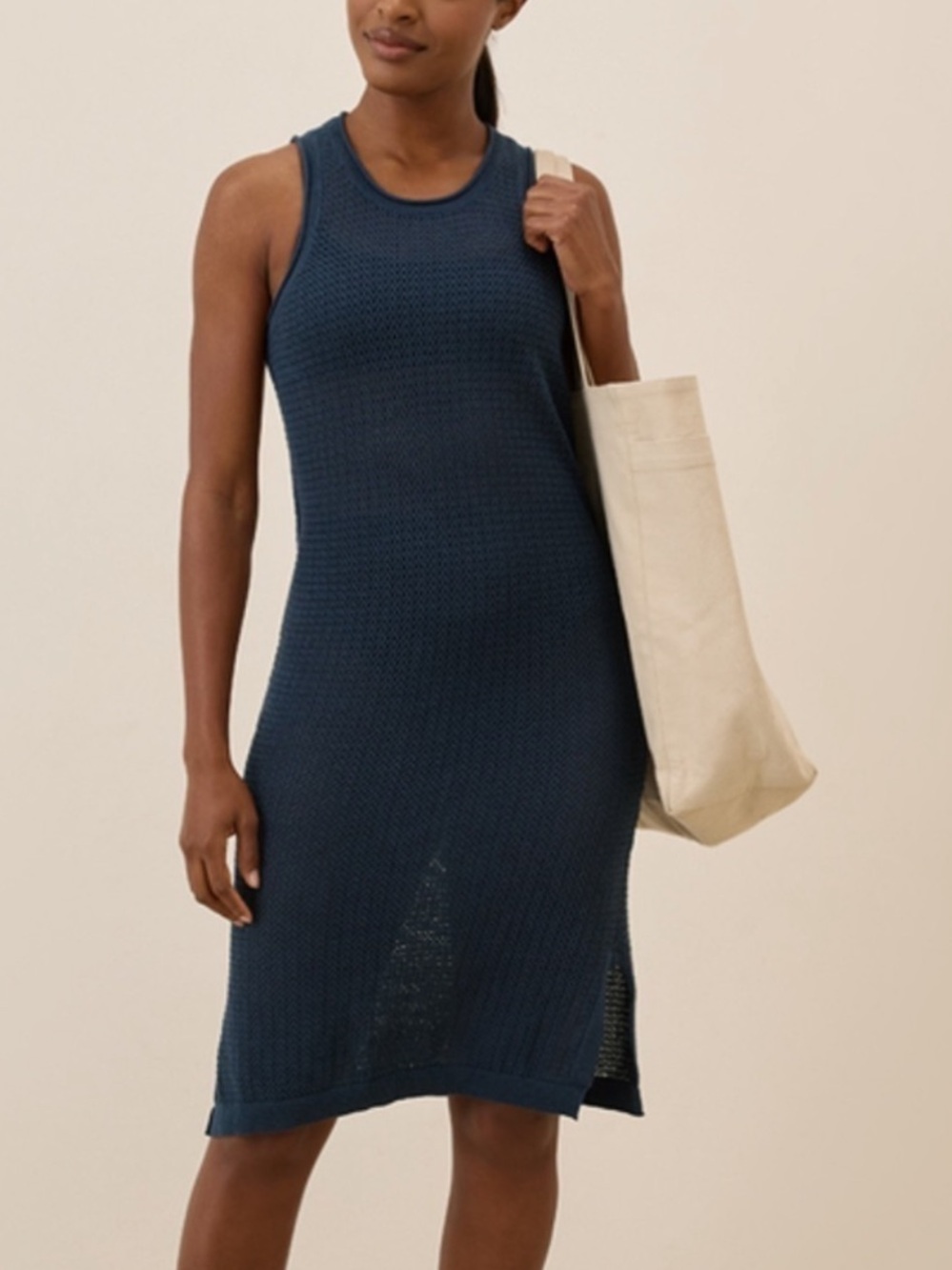 Pact Sleeveless Navy Beachside Linen Cotton Crochet Swim Coverup Dress M